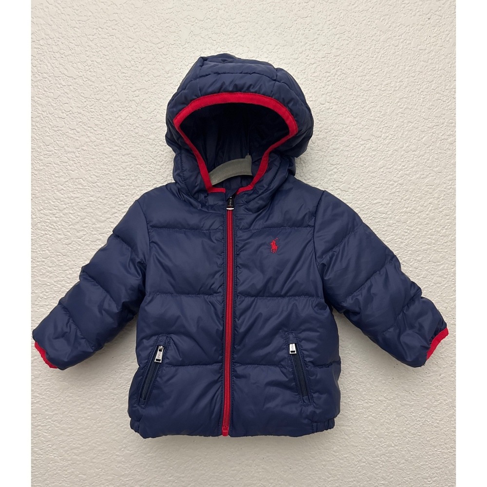 Ralph Lauren Navy Blue Down Puffer Hooded Jacket Size 12 Months Packable Bag